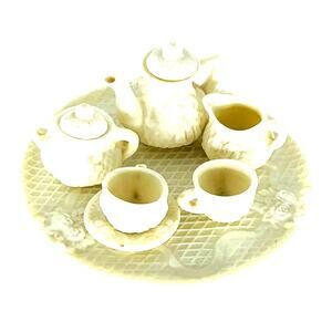 Miniature Tea Set Collectible White Resin Floral Doll 9 Pc Novelty Incomplete